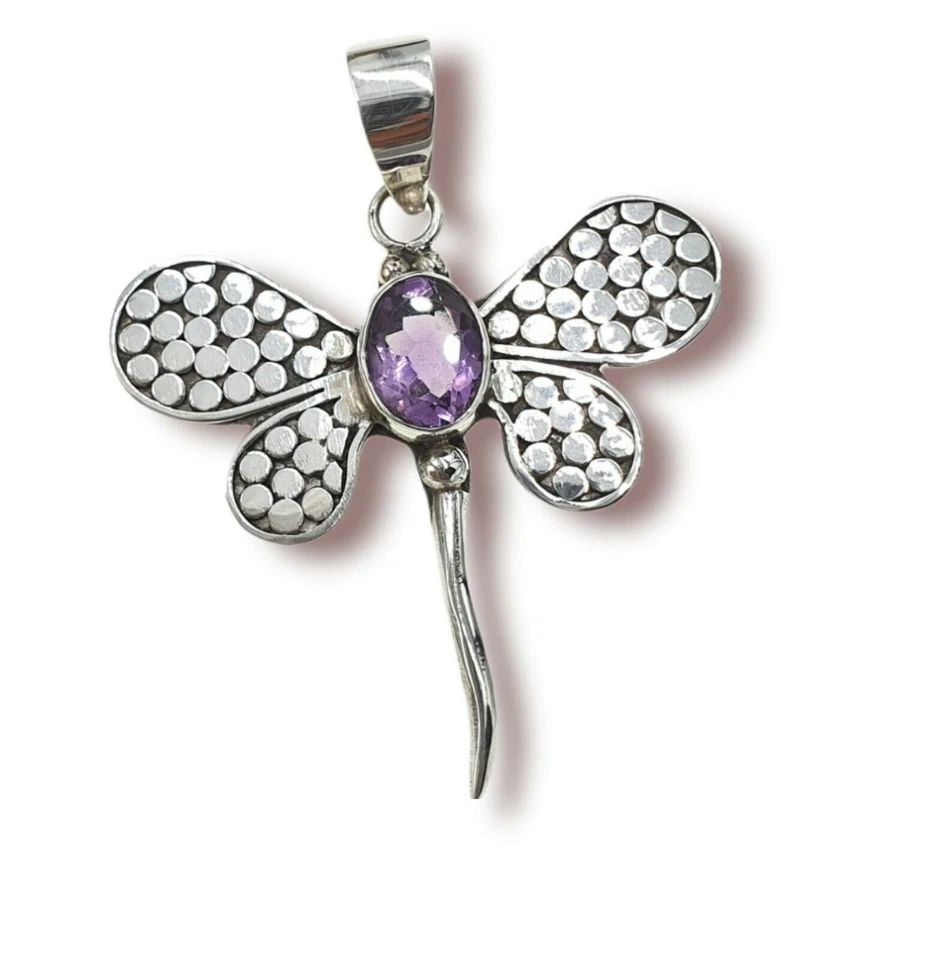 Ciondolo Donna Libellula Ametista Viola 925er Argento Sterling a Mano Regalo - Immagine 1 di 4