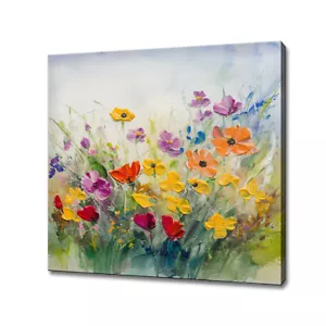 Beautiful Colourful Field Of Spring Flowers Painting Style Canvas Print Wall Art - Picture 1 of 7