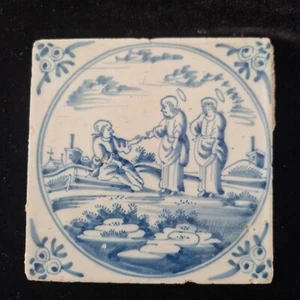 Antike Delfter Fliese "Biblische Szene" Eckmotiv "Ochsenkopf" aus dem 18. Jh. - Bild 1 von 3