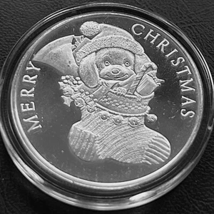 Merry Christmas Puppy 1 oz 999 Silver Round White Jesus Born Gift Stocking - Picture 1 of 6