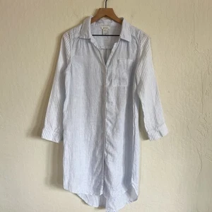 Sundance Hemdkleid 100 % Leinen lang Rollriegelärmel Knopfleiste kleine Streifen - Bild 1 von 4
