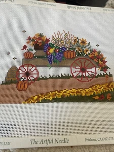 handpainted needlepoint canvas Fall Pumpkin Garden Wagon Bees Stitch Guide 14 Ct - Picture 1 of 1