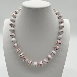 Vintage White & Red Striped Bead Necklace – Retro Statement Jewelry - Picture 1 of 5