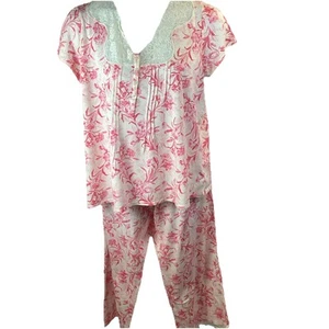 E.W. By Eileen West 2 Piece Pajamas XL Pink White Floral Short Sleeve Cottage - Picture 1 of 8