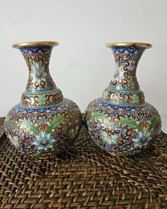 Vintage Antique Chinese Gilt Cloisonne Asian Lotus Floral Vase Set of 2 - Picture 1 of 6