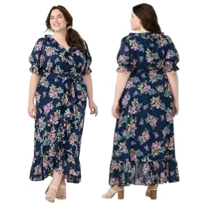Maxi abito Lauren Conrad blu 100% cotone floreale con volant avvolgente cottage core XXL - Foto 1 di 11