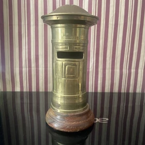 Vintage Brass Money Box, Post box, Coin Bank with Removable Wooden Base 16cm  - Picture 1 of 5