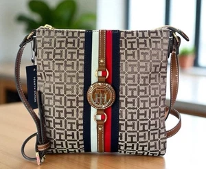 Tommy Hilfiger Women's Jaden Plus Jacquard Logo Brown Crossbody Bag - Picture 1 of 8