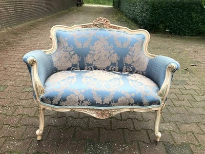 Sofa Couch French Louis XVI Vintage Blue Damask Cream Beech Hand-Carved Frame - Image 1 of 4