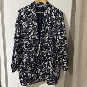 Vintage WHIMSY 12 Navy & Cream Floral Print Blazer Jacket Long Sleeve Lined - Picture 1 of 6