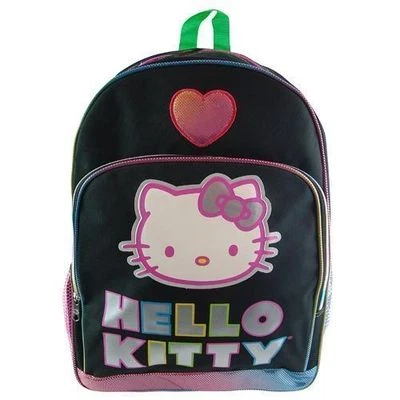 Backpack 16" Sanrio Hello Kitty Face Black Heart Rainbow NEW