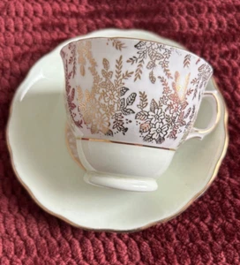 Royal Vale Bone China Tea Cup Saucer White Gold Leaf & Trim, England, Numbered - Picture 1 of 4