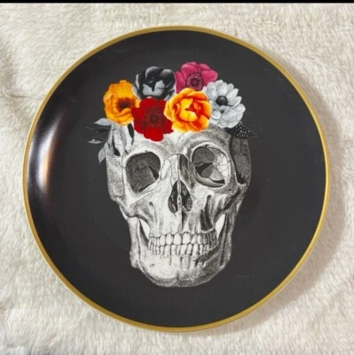 Set Of 4 Skull And Roses Black Dinner Plates Halloween Harvest Green Studio New - Image 1 of 4