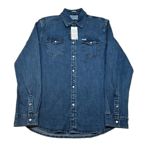 Guess Pearl Snap Denim Shirt Mens Medium Western Slim Fit $98 NEW - Picture 1 of 8