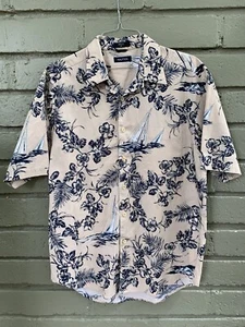 Nautica Herren XL Aloha Hemd Hawaii Knopfleiste beige Hibiskus Segelboote - Bild 1 von 4