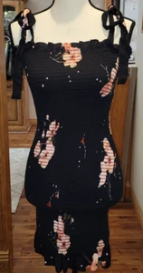 Intimately Free People Sz S Bella Smocked Slip Dress ~ Black Floral ~ Ruffle Hem - Picture 1 of 2