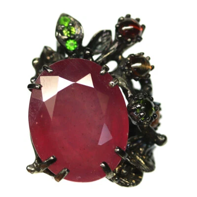 925 Sterling Silber Rot Rubin,Spessartine & Tsavorit Schmuck Ringgröße 7 - Bild 1 von 4