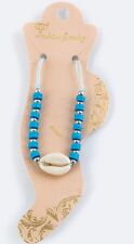 Blue Silver Colored Beads Cowrie Shell Anklet Bracelet Adjustable Beach Summer