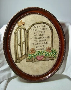 Vintage Framed Cross Stitch "A Smile is a Light in the Window of Your Face...." - Picture 1 of 3