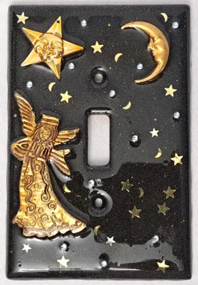 Tampa de interruptor de luz eclética feita à mão estrelas da lua anjo preto salpicado vitrificado - Imagem 1 de 4