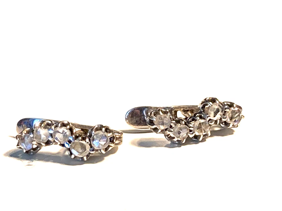 VINTAGE 14K WHITE GOLD BUTTERCUP   LEVERBACK ROSE CUT 1.5CT DIAMOND EARRINGS - Image 1 of 4