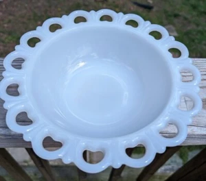 Vintage Milk Glass Bowl White Heart Shaped Lace Edge Large Serving Dish 9.5” - Picture 1 of 9