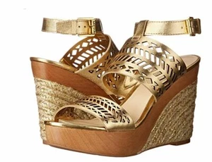 Ralph Lauren Women's Ankle Strap Flatform Shoes Espadrille Gold Sandal Shoe - Picture 1 of 4