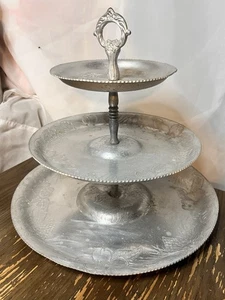 Vintage 3-Tier Aluminum Server Embossed FloralVegetables Nuts Design 13.5” - Picture 1 of 5