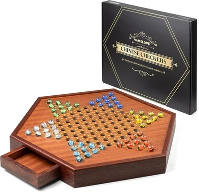 17” Chinese Checkers Game Set w/ 72 Glass Marbles + Storage Drawer - Image 1 of 4