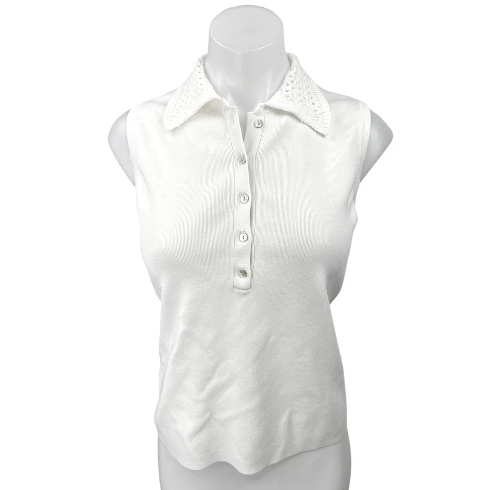 Tahari Blanco Acanalado Tejido Sin Mangas Crochet Cuello Botón Polo Suéter Camiseta sin Mangas M Foto 1 de 4