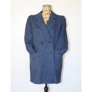 Vintage International Scene Blau Schwarz Wolle Fischgrät Zweireiher Mantel M - Bild 1 von 12