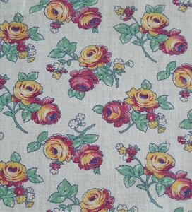 Red & Yellow Roses Floral on Cream Vintage Feed Sack Flour Sack Cotton Fabric - Picture 1 of 4
