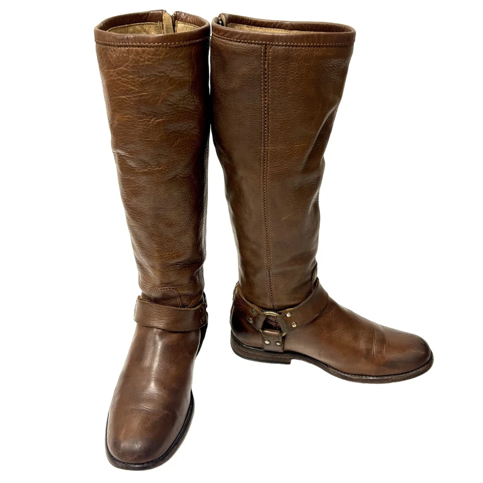 Frye Cuero Marrón ALTO Vaquero Western Cremallera Completa ALTO Motociclista ARNÉS MONTAR Botas Foto 1 de 4