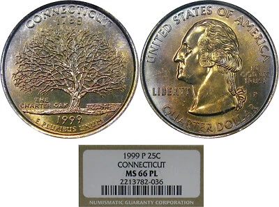 1999-P 25C NGC MS66PL PROOFLIKE CONNECTICUT ~ RARE POP 4/4 COLORFUL! - Image 1 of 4