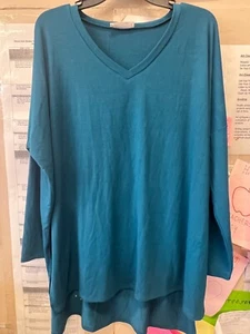 Womens V Neck Relaxed Long Sleeve Hi-Lo Zenana T Shirt Top XL Teal - Picture 1 of 2