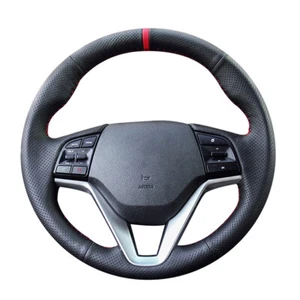 Black Artificial Leather Red Marker Car Steering Wheel Cover For Hyundai Tucson - Picture 1 of 14