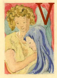 BUCHSTABE V MADONNA mit ENGEL - 1942 - Jean SERRIÈRE Handkolor.Orig.Radierung - Picture 1 of 1