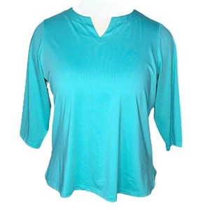Susan Graver Essentials Damen 1X türkisfarbenes Oberteil mit geteiltem Ausschnitt 3/4-Arm dehnbar - Bild 1 von 8