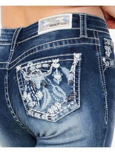 New! Youth girl's Grace In LA COW HEAD & FEATHERS BOOT CUT DENIM JEANS 6 SIZES! - Picture 1 of 9