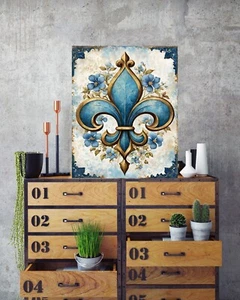 16x20 Blue Fleur de Lis Canvas Print Wall Art - Picture 1 of 5