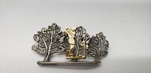 Ladies Golfing Brooch Gold Tone and Pewter Swinging Golfer and Trees - Picture 1 of 6