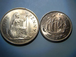 1967 One penny - Half Penny - Elizabeth II - UK - United Kingdom - UNC - Picture 1 of 6