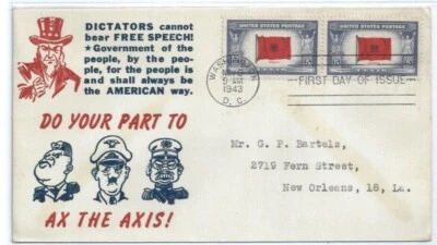US FDC 918 pair Overrun Countries ALBANIA 1943 BOONE WWII Patriotic Cachet Tojo  - Image 1 of 2