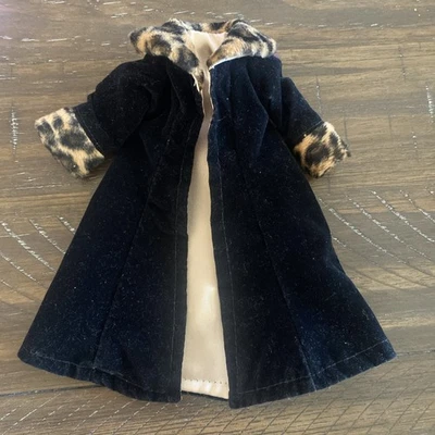 Vintage Barbie Black Velvet Leopard Fur Gold Satin Coat - No Doll - Image 1 of 4