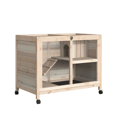 PawHut Rabbit Hutch, Bunny Cage 2 Layers with Wheels & Open Roof, Natural - Image 1 of 4