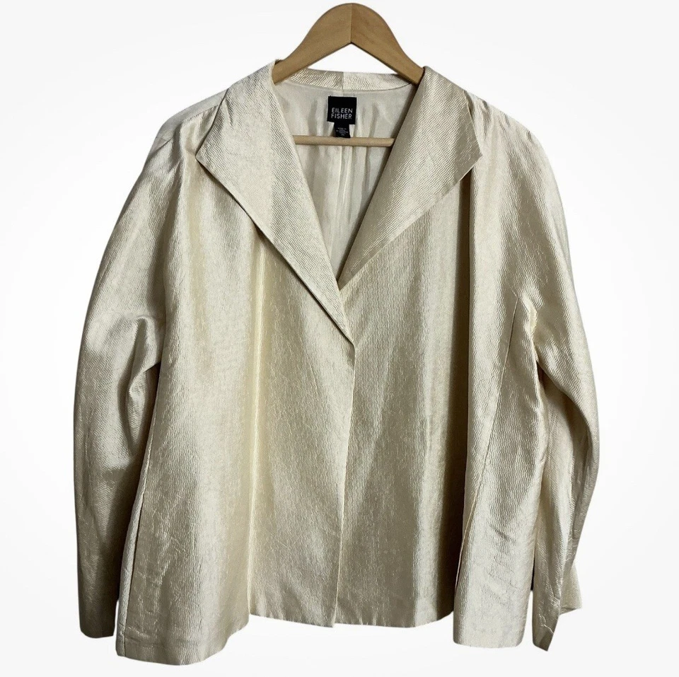 Chaqueta ondulada de seda Eileen Fisher XL frente abierto beige carrera minimalista Foto 1 de 4