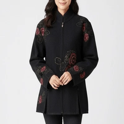 Chaqueta Covelo Lana Bordada Floral Cremallera Completa Negra Talla XL Foto 1 de 4