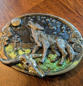 Wolf Howl Moon Desert Cactus Bronze Western Vintage American 1981 Gürtelschnalle - Bild 1 von 8