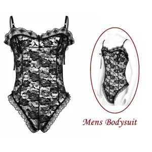 Sexy Hombres Lencería de Encaje Transparente Leotardo Mono Sissy Body Ropa Interior Mankini - Imagen 1 de 12