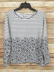Neiman Marcus Women's Size L Striped Embroidered Floral 3/4 Sleeve Top - Picture 1 of 6